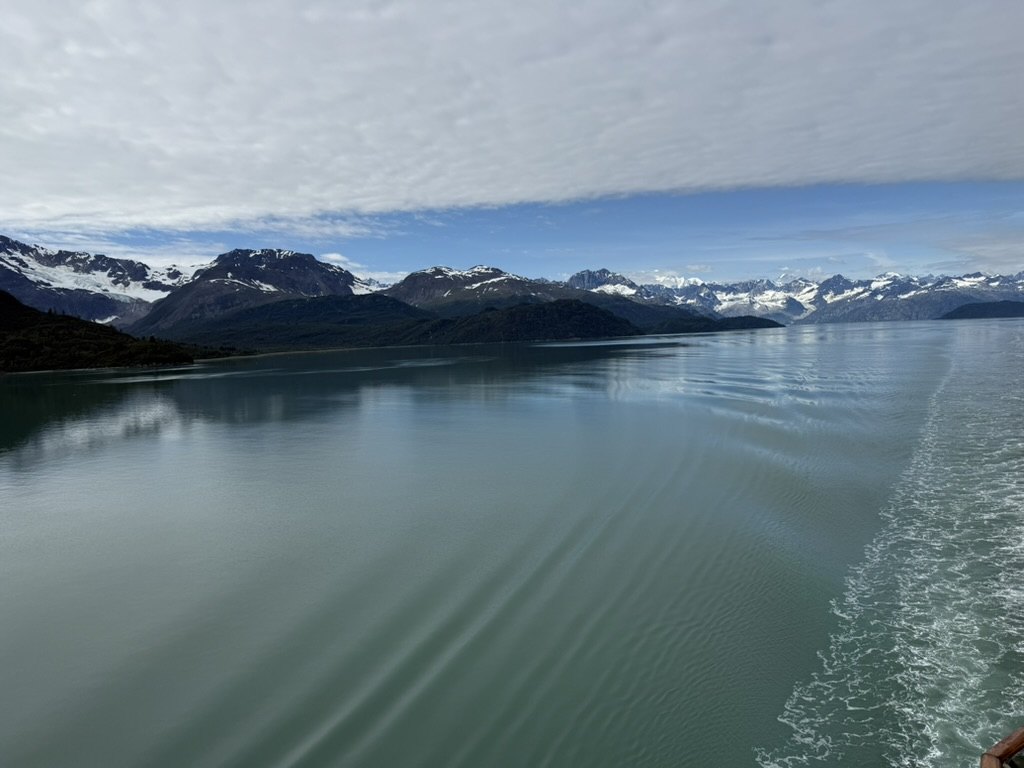 A glacier-carved fjord seen from the water, snow-capped peaks running along the far shore.